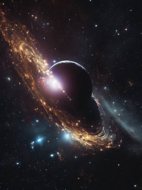 这是一个超现实的景象，明亮的彗星在背景中与黑色星系的宁静黑暗相映成趣。