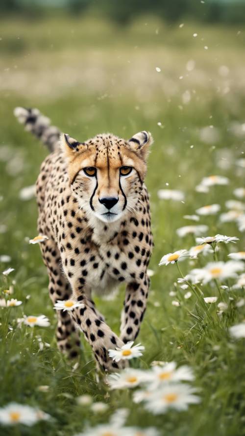 A cheetah running across a green field with white daisies