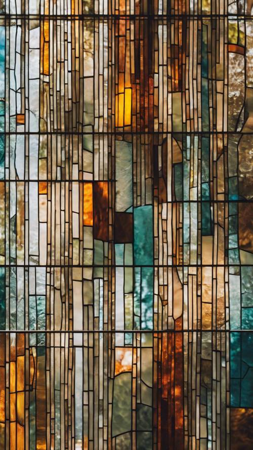 Eine Nahaufnahme eines minimalistischen abstrakten Buntglasfensters in erdigen Farben