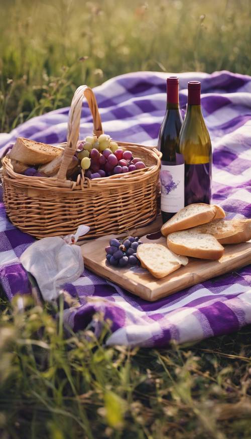 A purple checkered picnic blanket spread on a meadow with an open picnic basket revealing a bottle of wine and French bread.