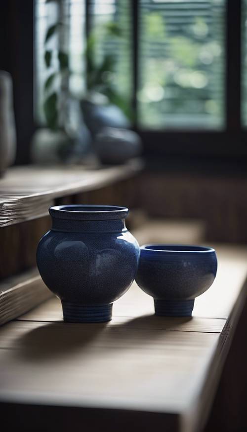 Poterie japonaise traditionnelle bleu foncé disposée dans un décor zen