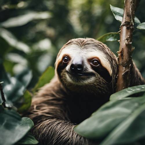 A sloth peeking through the dense foliage with its curious eyes.