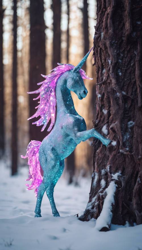 Seekor unicorn berkilauan neon sedang menggaruk punggungnya di pohon di hutan bersalju.