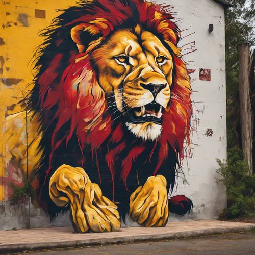 Graffiti mural représentant un lion rugissant dans des tons jaunes et rouges vibrants, symbole de courage et de force.