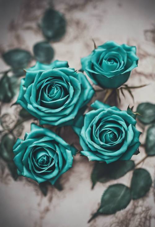 一对蓝绿色的玫瑰，相互缠绕，形成心形。