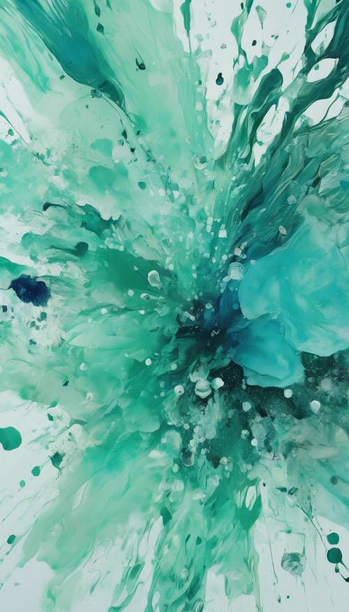 Une peinture abstraite aux éclats de vert menthe et de bleu.