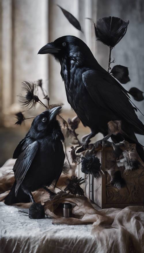 검은 헬레보어와 까마귀 깃털이 있는 고딕 양식의 정물화입니다.