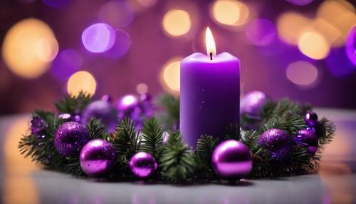 A closeup of a glowing purple artificial candle with a holiday wreath in the background.