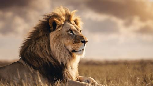 Un lion calme et majestueux se prélassant sous un ciel ensoleillé de savane avec « Je suis sans peur » inscrit sur sa crinière.