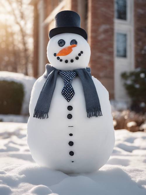 Un muñeco de nieve elegantemente vestido, con gafas y corbata, de pie con estilo en el patio delantero.