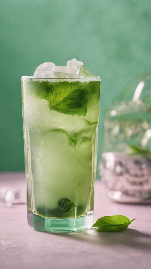 Segelas es teh hijau Matcha dengan latar belakang mint pastel.