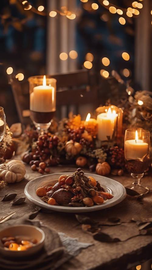 Meja kayu pedesaan dengan makan malam panen musim gugur, diterangi oleh cahaya hangat lampu peri dan lilin.