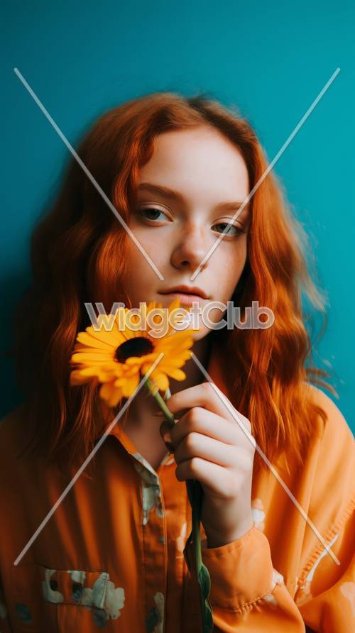 Ярко-оранжевый цветок и девушка на синем фоне