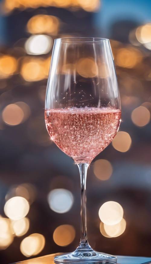كأس نبيذ كريستالي رقيق مملوء بشمبانيا الورد المتلألئة، مع أضواء المدينة المتلألئة غير الواضحة في الخلفية.