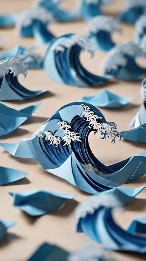 青い折り紙で作られた繊細なミニチュアの日本の波