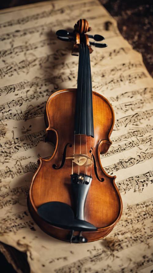 An antique violin from the Baroque period laying on an old musical manuscript.