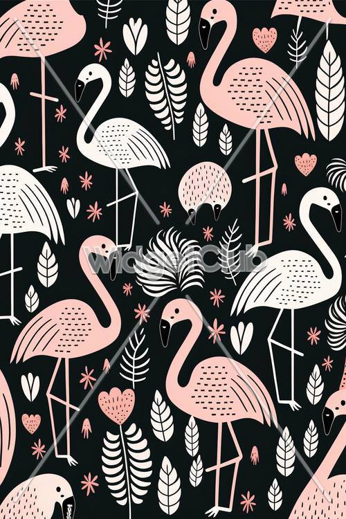 Flamingo Merah Muda dan Pola Daun Tropis