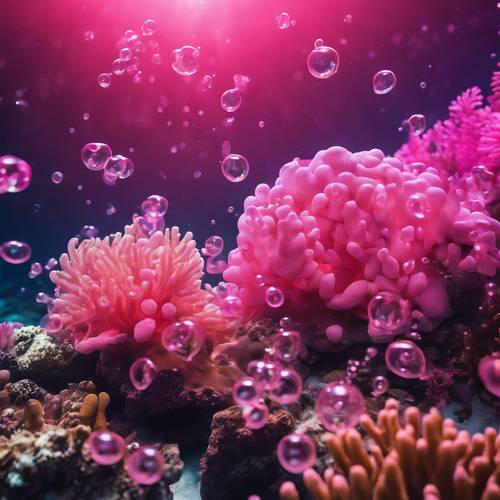 A grand underwater view of glowing pink bubbles rising from a coral reef.