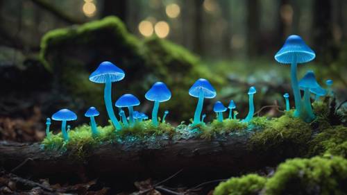 Glowing bioluminescent blue fungi and fresh green moss growing on a fallen log in a mystical forest.