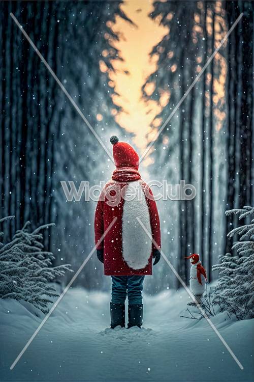 Aventura na floresta nevada com jaqueta vermelha e boneco de neve