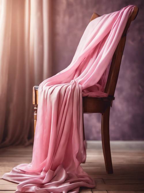 Shiny pink ombre silk draped elegantly over a vintage wooden chair.