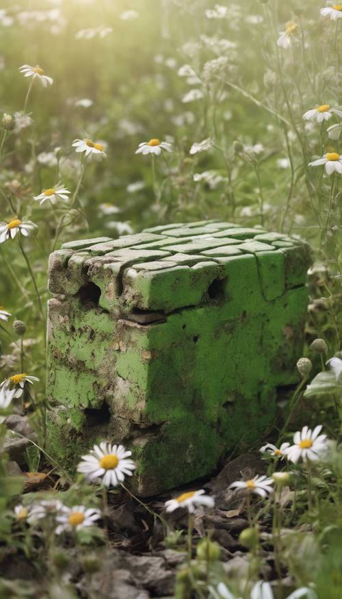 Um tijolo verde velho e desgastado, mostrando sinais de idade e uso, contra um fundo de flores silvestres crescidas demais.