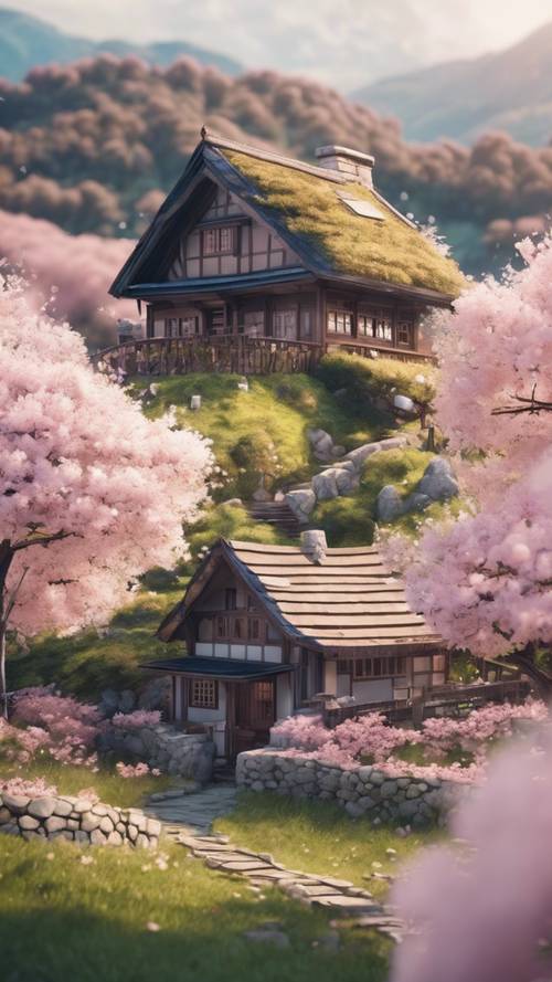 Una cabaña aislada de estilo anime ubicada en una ladera cubierta de cerezos en flor.