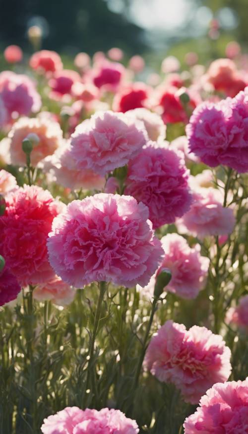 A garden filled with hundreds of exotic vari-colored carnations under a bright summer sky.