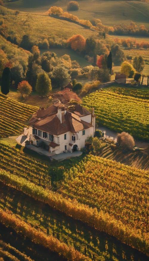 An aerial view of sprawling vineyards in the autumn season. Tapeta [54114ab2b4c74b5a8a7c]