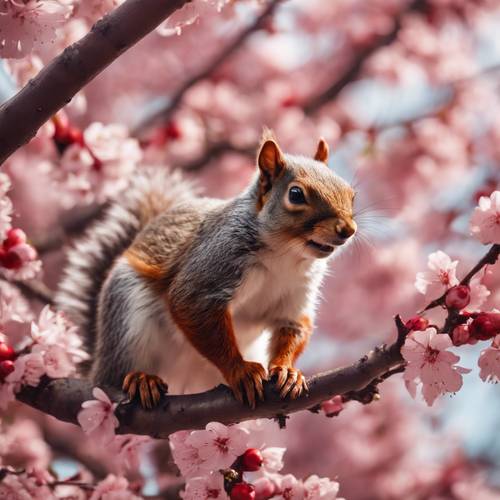 一只松鼠在红色樱花树的树枝间嬉戏地穿梭。