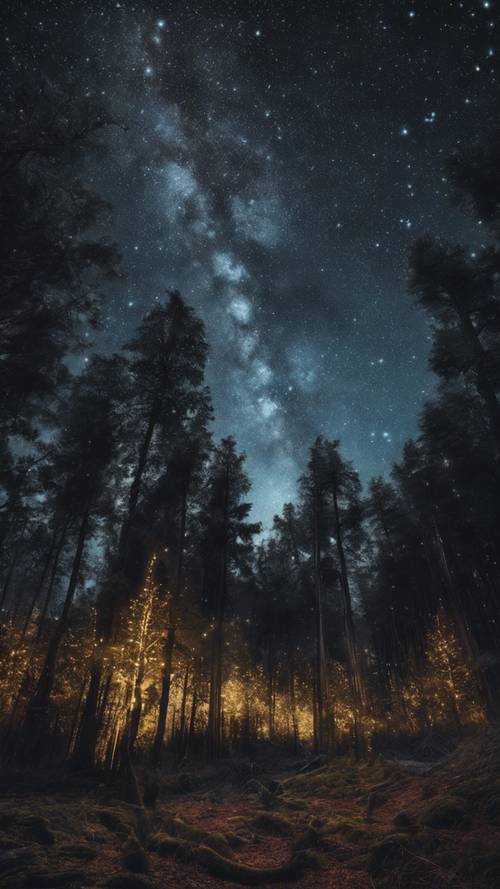 Gece yarısı gizemli bir şekilde parlayan bir orman ve gökyüzündeki Samanyolu galaksisinin net bir görüntüsü.