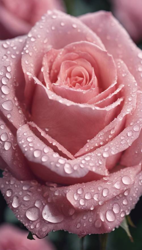 A baby pink colored rose with dewdrops on the petals.