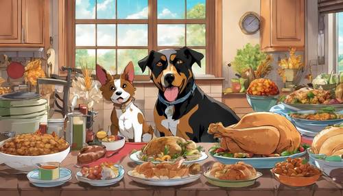 Anime scene of a family dog eagerly waiting for Thanksgiving leftovers.