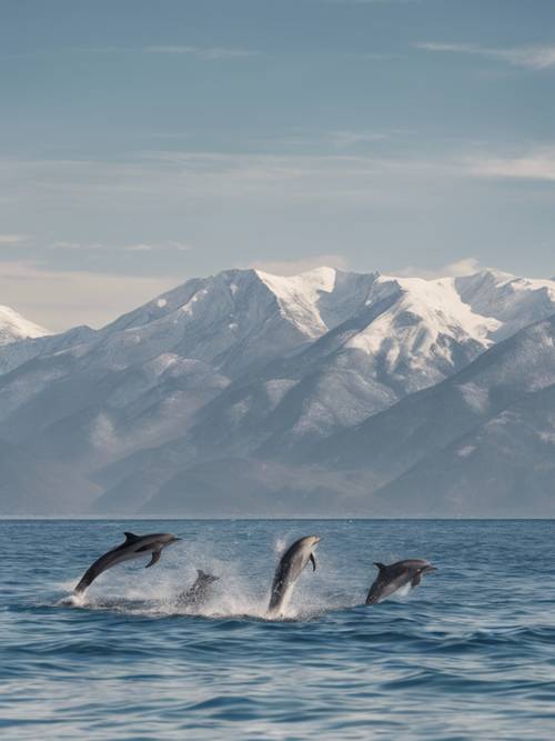 A pod of dolphins migrating against the backdrop of a snow-capped mountain range seen from the ocean.