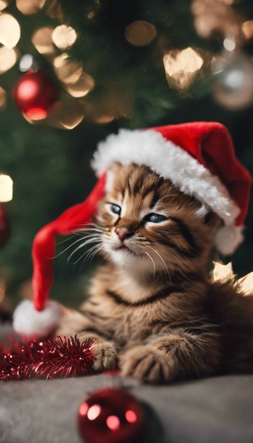 A sleepy brown kitten with a mini Santa hat, napping and curling around a Christmas tree.