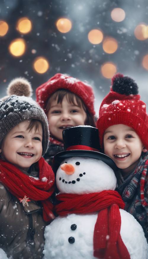 Un grupo de niños que se ríen tontamente, todos con sombreros festivos, formando un hermoso muñeco de nieve decorado con una bufanda roja brillante y un sombrero de copa.