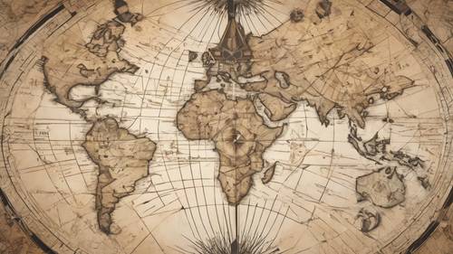 Una vecchia mappa del mondo ricoperta di disegni geometrici di bussole, che mostrano l&#39;influenza della matematica sulla navigazione.