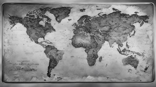 Metal bir plakaya kazınmış gri tonlamalı bir dünya haritası.