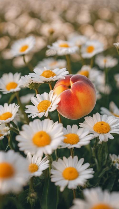 A close-up of a ripe juicy peach fruit placed amidst the field of daisy flowers.