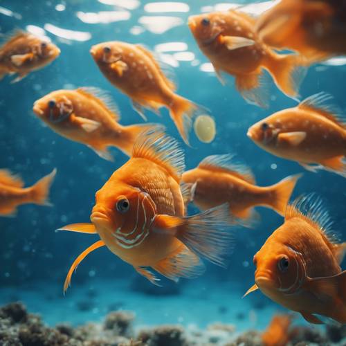 Serin mavi suda yüzen turuncu balıkların olduğu bir sualtı tropikal sahnesi.