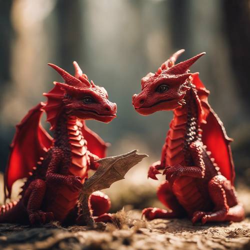 A pair of red dragons lovingly nurturing their baby dragon in the warmth of their lair. Ფონი [56f5bc9bfa334e8fa2bc]