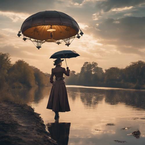 A woman in steampunk attire holding an umbrella, walking on a riverbank as an airship floats above under a twilight sky.