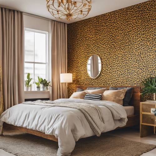 A trendy teenage bedroom featuring golden leopard print wallpaper. Дэлгэцийн зураг [7f6254e445444e43b9a1]