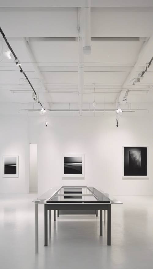 白色畫廊中展示著中性色調的簡約藝術品。
