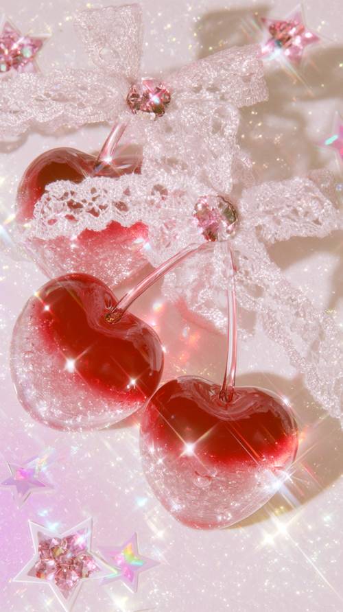 Shiny Glass Heart Cherries with Lace Bow and Sparkles Wallpaper [5f374d452ba94e12bcd2]