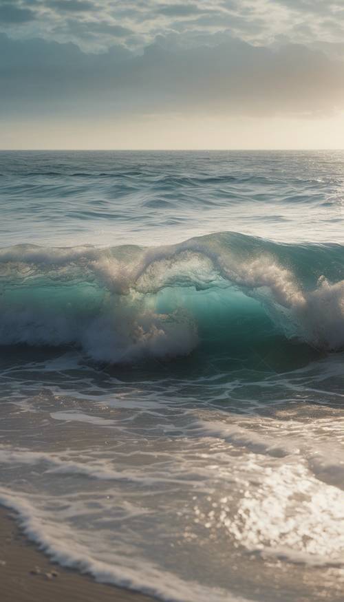 在清晨柔和的光線下，平靜的藍色海洋上出現了一個孤獨的波浪