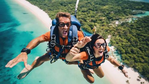 Ein Paar im Adrenalinrausch, das gemeinsam über tropischen Inseln einen Fallschirmsprung macht.