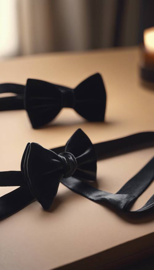 A preppy black velvet bow tie placed on a glossy table.