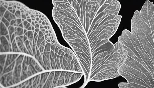 A white scalloped leaf with concentric veins against a jet-black background Tapet [8637a0c835e5454c8b83]