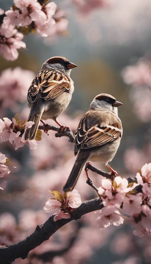 Sepasang burung pipit bertengger di dahan pohon sakura yang gelap.